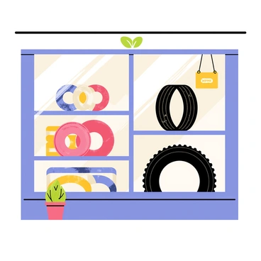A quaint tire shop window displaying a variety of bike tires. The window features multiple shelves filled with tires of different sizes and colors. One shelf showcases bright red and blue tires, while another displays classic black tires with various tread patterns. The shop window is framed by rustic wooden beams and has a charming "Open" sign hanging from the top. Soft light illuminates the tires from above, highlighting their textures and designs. A small potted plant sits on the windowsill, adding a touch of greenery to the scene.