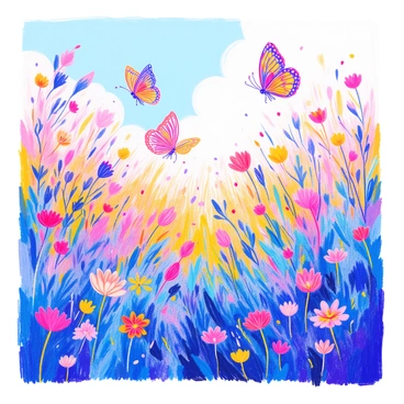 A sunlit meadow is filled with vibrant green grass and colorful wildflowers. Several whimsical butterflies with intricate patterns and bright colors are fluttering through the air. The sunlight casts soft shadows on the ground, and the flowers sway gently in the breeze. The scene captures a sense of playful movement as the butterflies dance among the blooms.