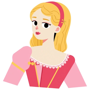 A classical face illustration of a Renaissance lady with a delicate oval face. She has deep brown eyes and arched eyebrows, enhancing her elegant features. Her hair is styled in intricate waves, adorned with small golden hairpins and a decorative headpiece. She wears a period attire with a high neckline, featuring rich fabrics in deep crimson and gold hues. The gown has puffed sleeves and intricate lace trim around the collar. The background is a soft pastel color that highlights her majestic presence.
