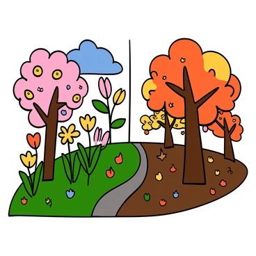 A park divided into blossoming spring flowers and vibrant autumn leaves