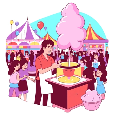 A red vendor wearing a white apron is smiling while standing behind a bright orange cotton candy machine at a bustling fairground. The machine is spinning, creating large fluffy pink clouds of cotton candy. Surrounding the vendor, there are colorful tents and cheerful crowds of people, with children eagerly pointing at the cotton candy. Balloons in various colors float in the air, adding to the lively atmosphere. Brightly colored lights from nearby rides illuminate the scene, enhancing the festive feel.