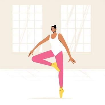 A ballet dancer in a white leotard and pink tights is practicing gracefully in an empty studio. The dancer is poised on one leg in an arabesque position, with arms extended elegantly. The studio features large mirrored walls reflecting the dancer's movements. A wooden floor is visible beneath the dancer's feet. Soft, natural light streams in from large windows, illuminating the space and creating subtle shadows.