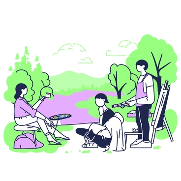 A group of artists is painting en plein air by a river. They are positioned on the bank, surrounded by lush greenery. Each artist holds a brush and is focused on capturing the scenery in front of them. One artist, with a canvas set on an easel, is depicting the gentle flow of the water and reflections of trees. Another artist is seated on a portable stool, sketching the outline of the riverbank. A palette with a variety of colors is placed on a nearby rock. Dappled sunlight filters through the leaves, casting soft shadows on the ground. In the background, there are rolling hills and a few wispy clouds in the sky.