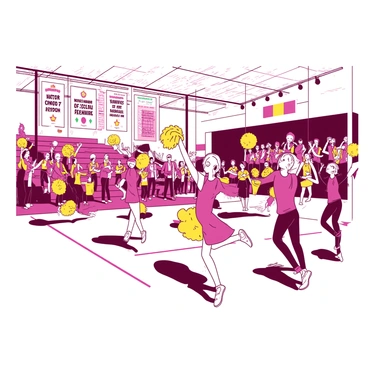 A vibrant scene of a high school pep rally taking place in a gymnasium. Cheerleaders dressed in bright uniforms are performing energetic routines, some are jumping and waving pom-poms in the air. In the background, a marching band dressed in coordinated outfits is playing lively music, with musicians holding various instruments such as trumpets and drums. Banners with the school’s colors are hanging from the walls, and excited students are cheering from the bleachers, some waving flags. The atmosphere is filled with enthusiasm and energy.