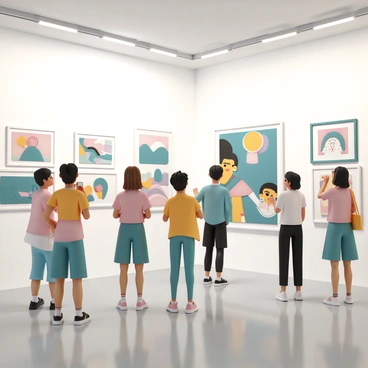 A gallery filled with a variety of illustrated artworks displayed on white walls. The artworks include colorful paintings, detailed sketches, and modern digital prints. Students, wearing casual clothing, are engaged in conversation, some pointing at the pieces. Bright lights illuminate the artworks, enhancing their colors. In one corner, a young artist stands proudly beside her large canvas, which features bold colors and abstract shapes. The atmosphere is lively with excitement, and a few people are taking pictures of the artwork.