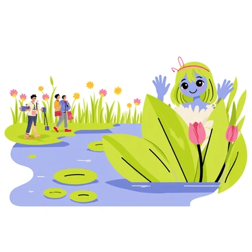 A naiade curiously observing travelers from her hidden spot, offering a friendly wave