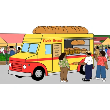A large, colorful bread truck with a bright yellow body and red accents is parked in a lively farmer's market. The truck features "Fresh Bread" written in bold, playful letters on the side. A wooden sign with hand-painted lettering displays the day's special breads. A diverse group of customers, including a woman with curly hair in a floral dress and a man wearing a straw hat, are lining up excitedly in front of the truck. Various baskets filled with freshly baked bread are visible on a counter outside the truck. The marketplace is filled with vibrant stalls selling fruits and vegetables, and people are happily chatting and browsing.