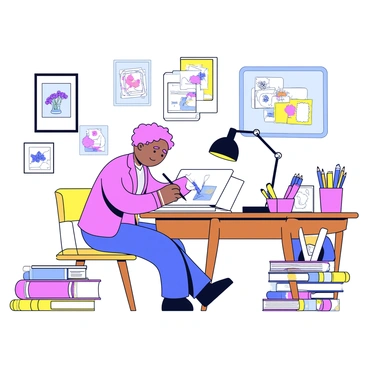 An artist surrounded by books and references while working on a new illustration
