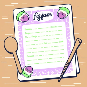 An old-fashioned recipe card for "fig jam" rests on a wooden surface. The card is slightly yellowed at the edges, suggesting it's been used often over the years. It features hand-written notes in a cursive style, detailing the ingredients and steps involved in making the jam. In the corners, there are intricate illustrations of figs, displaying their unique shapes and textures. The background consists of faint, patterned flourishes that add to the vintage feel of the card. A small wooden spoon lies next to the card, hinting at the preparation process.