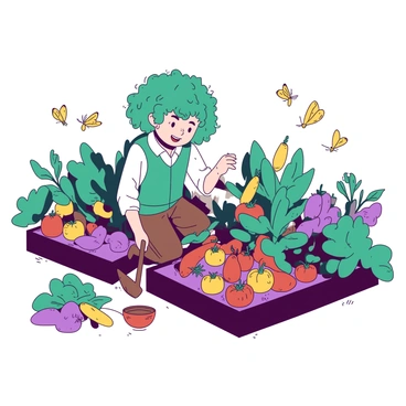 A teal hobbit with curly hair is kneeling in a vibrant vegetable garden filled with various colorful vegetables. Carrots, tomatoes, and peppers in shades of orange and purple are growing abundantly in neat rows. The hobbit is wearing a green vest and brown trousers, with a small trowel in hand, carefully tending to the plants. Around the garden, several butterflies flutter, showcasing their wings in shades of yellow and blue, creating a lively atmosphere. The sun casts gentle shadows, enhancing the vivid colors of the vegetables and the joyful presence of the hobbit.