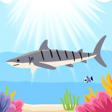 A tiger shark swimming gracefully through clear, sunlit ocean waters. The shark has a streamlined body with distinct dark stripes running along its sides. Sunlight breaks through the surface, creating shimmering rays that illuminate the water around the shark. Small fish are swimming nearby, and colorful coral formations can be seen in the background, adding depth to the underwater scene.