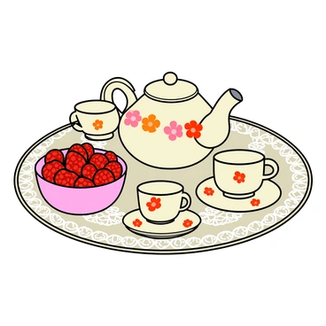 A teapot and teacups set with a bowl of raspberries on a lace tablecloth
