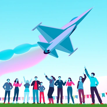 An F5 jet with a sleek, aerodynamic design soaring through a bright blue sky. The jet is leaving a trail of smoke in vibrant colors as it performs an impressive maneuver. Below, a diverse group of spectators including families and friends are gathered on the grass, their expressions reflecting excitement and awe. Some are pointing at the jet while others are taking photos. Colorful flags and banners are visible among the crowd, adding to the festive atmosphere of the airshow.