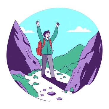 A hiker wearing a teal jacket and gray pants is standing triumphantly on a rocky mountain path. The hiker has a red backpack slung over one shoulder and is raising both arms in celebration. Surrounding the hiker, there are steep cliffs on either side, and patches of green grass peek through the rocky terrain. In the background, a bright blue sky is visible, dotted with a few fluffy white clouds. The sun is shining brightly, casting soft shadows along the path.