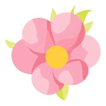 A large, delicate pink flower with soft petals unfolding gracefully. The center of the flower is a vibrant yellow, symbolizing new beginnings. Behind the flower, there are subtle green leaves, enhancing its natural beauty. A gentle light shines on the flower, emphasizing its curves and softness, creating a warm and inviting atmosphere.