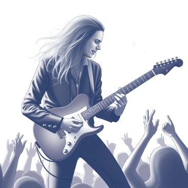 A rock musician stands confidently on stage, strumming an electric guitar. The musician has long, flowing hair that moves with the rhythm of the music. Sparks are flying from the guitar strings as they play, creating a dynamic visual effect. The musician wears a black leather jacket adorned with studs, complementing the energetic atmosphere. The stage is illuminated with bright lights that highlight the figure, casting dramatic shadows. The audience is visible in the background, cheering and raising their hands in excitement.