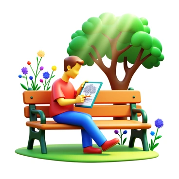 An artist holding a sketchbook and pencil, sitting on a park bench. The artist is focused on sketching, with a visible drawing of trees and flowers in the sketchbook. In the background, detailed trees with green leaves and colorful flowers bloom nearby. Sunlight filters through the branches, casting dappled shadows on the ground. The artist wears a casual outfit and has a thoughtful expression while capturing the beauty of nature.