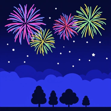 A night sky filled with vibrant fireworks in shades of red, blue, green, and yellow. The bursts of color create intricate patterns as they explode, illuminating the darkness. Below the fireworks, silhouettes of trees can be seen gently swaying in the night breeze. The atmosphere is lively, with small stars twinkling in the background, adding to the festive mood.