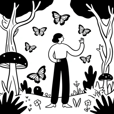 A figure resembling "Billie Eilish" stands gracefully amidst oversized, glowing butterflies fluttering around her. The background features a whimsical forest with twisted trees, large mushrooms, and intertwining vines. The ground is covered in thick grass and scattered flowers, all outlined in black and white. The butterflies have intricate patterns on their wings, contrasting with the dark foliage of the forest. The scene is filled with a mystical ambiance, inviting the viewer into this enchanting world.