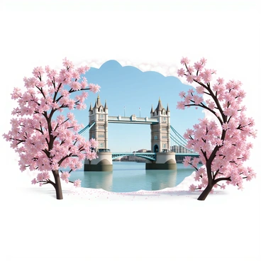 A view of London Bridge, showcasing its iconic structure with intricate details of the stonework and arches. In the foreground, vibrant cherry blossom trees are in full bloom, their pink flowers creating a soft, delicate frame around the scene. The branches of the trees gently sway in the breeze, scattering petals onto the ground. The sky is clear blue, adding to the bright atmosphere of springtime. The river below reflects the bridge and surrounding scenery, enhancing the picturesque quality of the image.