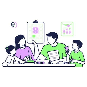 A family is gathered around a table, discussing their emergency plan. The father is pointing at a printed document while the mother is taking notes. Two children are listening attentively, with one child holding a small flashlight. In the background, a smoke detector is mounted on the ceiling. The table has several safety items such as a first aid kit and a whistle. A calendar on the wall shows important dates circled in red. The atmosphere conveys a sense of preparedness and teamwork.