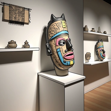 A ceremonial mask, intricately designed with vibrant colors and detailed patterns, is prominently displayed on a pedestal inside a museum. The mask features elongated features and carved symbols that reflect cultural significance. Surrounding the mask are various artifacts, including a small statue made of stone, a woven textile hanging on the wall, and ancient pottery displayed on nearby shelves. The lighting in the museum highlights the textures and colors of the mask, creating a focal point for viewers.