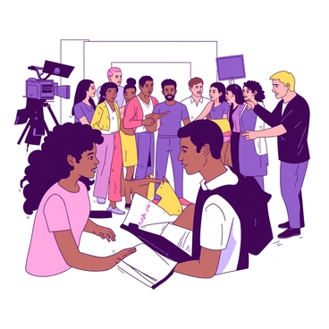A film set featuring both male and female actors engaged in various activities. In the foreground, a female actor with dark curly hair is discussing a script with a male actor who has short blonde hair, both appearing focused and enthusiastic. Behind them, a diverse group of actors of different ethnicities and genders is gathered around a director, who is pointing at a scene being filmed. The setting is vibrant, with cameras and lights positioned to capture the action, emphasizing the collaborative atmosphere of the film production. The overall scene conveys a strong sense of teamwork and inclusivity in storytelling.