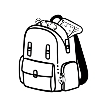 A "school bag" positioned upright, with "headphones" resting on the top and a "tablet" partially emerging from the bag's opening. The bag features multiple compartments and straps, showing a textured design. The headphones have a coiled wire, and the tablet displays a simple pattern on its screen. The background consists of a flat surface, emphasizing the items in the foreground.
