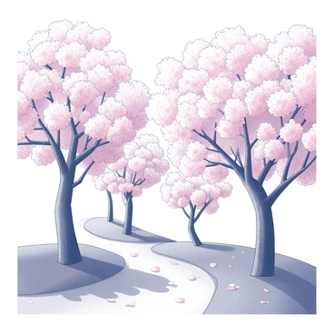 A lane lined with cherry blossom trees in full bloom. The trees are tall, with thick trunks and branches heavy with clusters of blooms. Petals are gently falling to the ground, creating a soft carpet of flowers along the path. The lane itself is a narrow, winding path that invites exploration, bordered by lush green grass on either side. The atmosphere is filled with the texture of the blossoms, with some branches extending over the path, creating a natural archway. It is a clear day, with a bright light casting soft shadows on the ground.