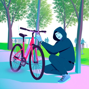 A person with a determined expression, wearing a dark hoodie and gloves, is crouching down near a bicycle secured to a metal rack in a park. The bike lock is made of thick steel, and sparks are flying as the person uses a handheld cutting tool to slice through it. Surrounding them, the park is filled with vibrant green grass and tall trees casting dappled shadows. In the background, a walking path is visible with a few blurred figures strolling by, unaware of the scene unfolding next to them. The sunlight filters through the leaves, creating a dynamic play of light and shadow on the ground.