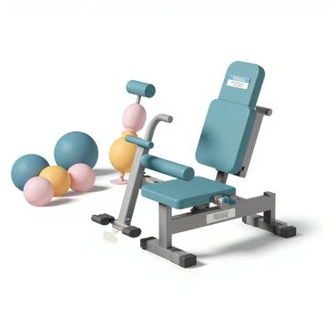 A 3D render of an adaptive leg extension machine designed specifically for individuals with disabilities in an inclusive gym setting. The machine features a sturdy, ergonomic frame with adjustable foot pedals that accommodate different leg lengths. It has wide, cushioned seats with high back support to provide comfort and stability. The machine's handles are positioned for ease of use, and there are clear, easy-to-read instructions displayed on the front. Surrounding the machine, there are other gym equipment pieces designed for accessibility, with bright, welcoming colors and an open, spacious layout to ensure inclusivity.