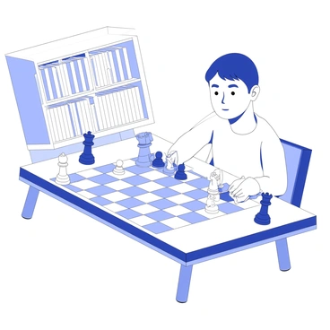 A chessboard is positioned on a wooden table, featuring a checkered pattern with alternating light and dark squares. The chess pieces are strategically arranged, with rooks at each corner, knights beside them, followed by bishops, a queen, and a king occupying the center. The thoughtful player is seated at one side of the board, with one hand resting on the table while the other hovers above a piece, deep in concentration. The player has short hair and is wearing a simple shirt. The room is filled with bookshelves in the background, implying a scholarly atmosphere.