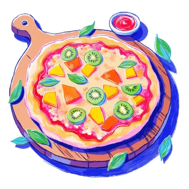 A round pizza is displayed on a wooden cutting board. The crust is golden brown and slightly crispy. The pizza is topped with a vibrant layer of melted cheese, over which are scattered pieces of tropical fruits. There are bright yellow chunks of pineapple, orange slices of mango, and green slices of kiwi arranged artistically on top. The colors of the fruits contrast with the cheese, creating a visually appealing dish. A small bowl of dipping sauce sits next to the pizza, and a few fresh leaves of basil are scattered around the board for added decoration.