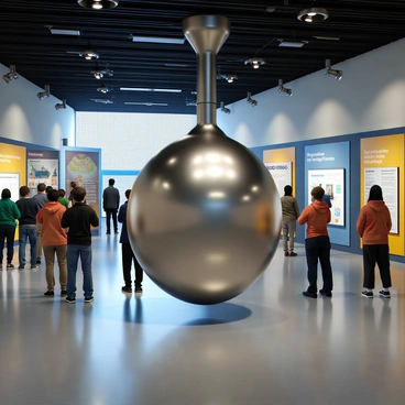 A large, metallic pendulum hanging from the ceiling of a science museum. The pendulum has a polished surface that reflects the light from overhead fixtures. It is swinging back and forth, creating a dynamic motion. The background features various scientific exhibits, with colorful displays and informational panels. Visitors can be seen observing the pendulum, some taking photographs. The floor is shiny, adding to the overall modern atmosphere of the museum.