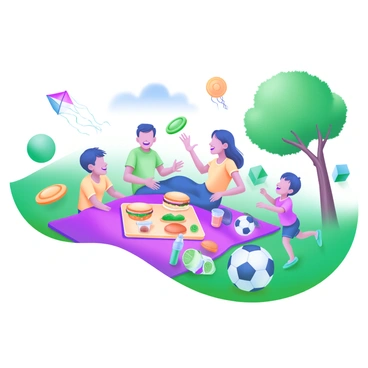 A vibrant scene depicting a family enjoying a picnic on a green grassy field. The picnic blanket is spread out with an assortment of food items, including sandwiches, fruits, and drinks. Nearby, family members are using various outdoor sports equipment, such as colorful frisbees flying through the air and a soccer ball being kicked by a child. In the background, there are trees providing shade, and a few kites are soaring in the blue sky. The family is laughing and engaging with one another, creating a lively atmosphere.