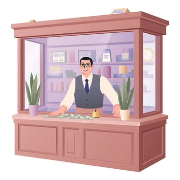 A digital flat illustration featuring an old-fashioned bank teller window. The window is made of polished wood with ornate details, showcasing a glass partition where transactions take place. Behind the window, there is a smiling bank employee, a middle-aged man with short dark hair and glasses. He is wearing a classic bank uniform that includes a white shirt, a dark vest, and a tie. On the counter in front of him, there are stacks of money and a small brass bell. The background is filled with shelves that hold various banking tools and old-fashioned decor elements such as an antique clock. There are also decorative plants flanking the sides of the window, adding a touch of warmth to the scene.