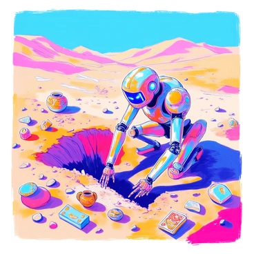 An AI robot with a metallic exterior is actively digging at an excavation site in a vast desert. The robot has articulated limbs and glowing blue eyes, which provide it with an advanced look. It is surrounded by piles of sand and small rocks. Scattered around the site are various ancient artifacts, including a cracked pottery piece, an ornate metal emblem, and a weathered stone tablet. In the background, there are distant sand dunes under a clear blue sky. The scene conveys a sense of discovery and exploration.