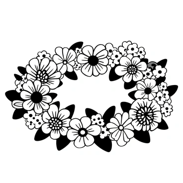A flower crown made of "daisies," "roses," and "forget-me-nots" is resting on a wooden surface. The "daisies" have intricate petals arranged around the crown, while the "roses" are tightly clustered and show detailed textures of their layers. The "forget-me-nots" are delicately interspersed throughout the crown, adding variety to the arrangement. The overall composition highlights the different sizes and shapes of the flowers, with green leaves providing a natural backdrop.