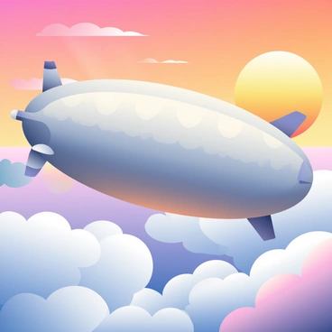 A large airship with a sleek, silver hull is floating through fluffy white clouds during sunrise. The sky is painted in warm hues of orange, pink, and purple as the sun rises on the horizon. The airship's propellers are gently rotating, and its gas envelope reflects the colorful light, creating vibrant patterns on its surface. Below, soft shadows of the clouds are visible, while the sunlight filters through, illuminating the scene with a magical glow. The airship is majestically positioned against the backdrop of the breathtaking sunrise.