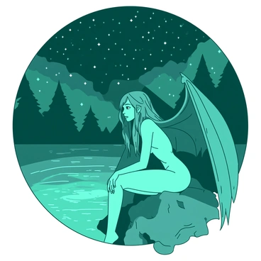 A teal succubus with large, ornate wings is sitting gracefully on a smooth rock by a tranquil lake. The water reflects the shimmering stars above, creating a soft glow on the surface. The succubus has long, flowing hair cascading over her shoulders, and she gazes thoughtfully at the night sky. Surrounding the lake, there are lush green trees that gently sway in the night breeze. The stars create a vivid pattern against the dark sky, illuminating the scene with a magical ambiance.