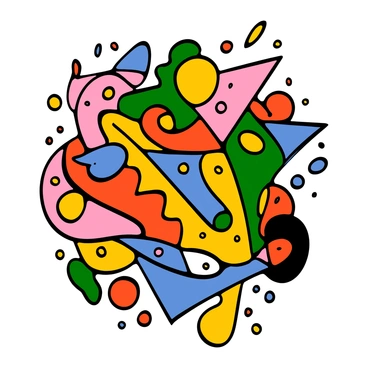 A vibrant composition filled with a variety of bright colors including red, yellow, blue, and green. The image features numerous abstract shapes such as circles, triangles, and squares, overlapping and intertwining in a dynamic arrangement. The shapes vary in size and orientation, creating a sense of movement and energy throughout the design. The background is filled with splashes of color that add to the chaotic and lively feel of the artwork.
