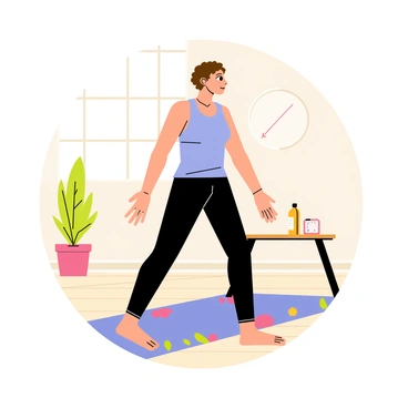 A person with short brown hair is performing arm circles in a bright living room. They are dressed in a light blue tank top and black leggings. The living room features a large window allowing sunlight to stream in, illuminating a potted plant in the corner. A colorful yoga mat is placed on the wooden floor beneath them. A coffee table with a water bottle and a small clock can be seen in the background, indicating a morning fitness routine. The person's arms are extended out to the sides, creating circular motions as they focus on their exercise.