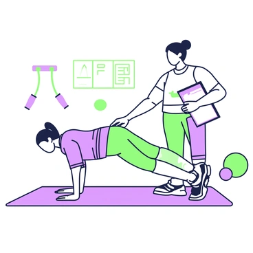 A personal trainer is observing a client performing the bird-dog exercise on an exercise mat. The client is on all fours, extending their left arm forward while simultaneously stretching their right leg back. The trainer, standing beside the client, is wearing a workout outfit and has a supportive expression. The trainer holds a clipboard with notes and points towards the client’s alignment. The background features gym equipment such as dumbbells and exercise balls, creating a fitness environment.