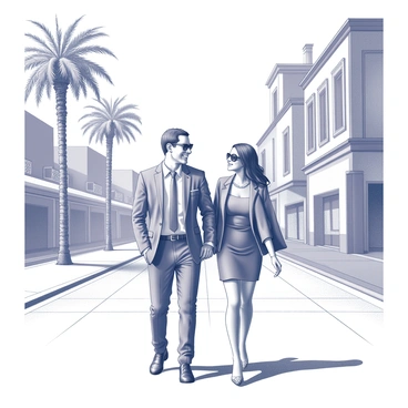 A couple walking side by side on a wide boulevard. The man is wearing a tailored suit with a crisp shirt and polished shoes, exuding a sense of elegance. The woman is dressed in a stylish dress that falls just below the knees, with a fitted silhouette and a fashionable jacket draped over her shoulders. They are both wearing sunglasses and appear to be engaged in conversation, smiling at each other. Surrounding them are palm trees lining the boulevard, with distinct architectural buildings in the background, showcasing intricate designs and balconies. The pavement has a patterned design, emphasizing the ambiance of a vibrant urban setting.