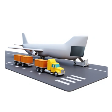 A yellow truck parked alongside a large cargo airplane on an airport runway. The truck is designed for transporting cargo and has a flatbed with open containers. The airplane features a large cargo hold, with its rear door opened to facilitate loading. The runway is marked with white lines, and the sky above is clear, providing visibility. Nearby, airport equipment is visible, completing the scene of an operational cargo transfer area.