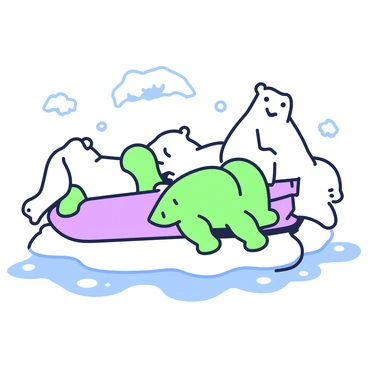 A group of polar bears is playfully sliding on an icy surface. The bears are shown mid-action, with their fluffy rear ends prominently displayed. Some bears are in motion, capturing the dynamic nature of their play, while others are resting between slides. The ice has a smooth texture, reflecting the playful atmosphere, and the surrounding area is dotted with smaller ice formations. The scene conveys a sense of fun and energy among the bears as they enjoy their icy environment.