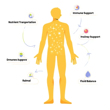 An infographic-style illustration featuring various sections that highlight the benefits of healthy plasma in the human body. The central area showcases a large, transparent human silhouette filled with sparkling, golden plasma. Surrounding the silhouette are labeled sections that detail specific benefits. One section features "Nutrient Transportation" with arrows showing movement from plasma to different organs. Another section shows "Immune Support" with icons of shields and white blood cells. A third section highlights "Fluid Balance" with water droplets and scales. Each benefit is accompanied by simple, colorful icons for visual clarity.