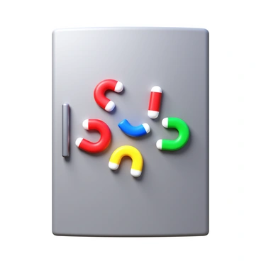 A collection of colorful magnets in various shapes and sizes clinging to a silver refrigerator door. The magnets display bright colors such as red, blue, yellow, and green. Each magnet is positioned at different angles, showcasing their adherence to the smooth surface of the refrigerator. The scene illustrates the concept of static friction, with some magnets placed close together while others are slightly spaced apart. The refrigerator has a clean, shiny finish, emphasizing the contrast with the vibrant magnets.