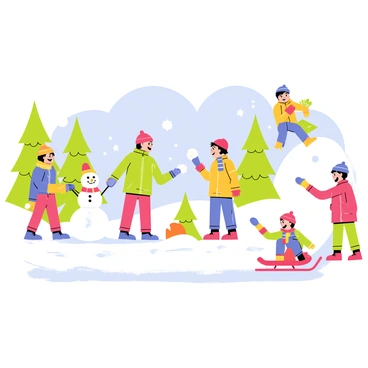 A group of children bundled up in colorful winter jackets, hats, and scarves joyfully playing in a snowy park. Some kids are building a snowman with a carrot nose and button eyes, while others are engaged in a snowball fight, laughing and throwing snow at each other. One child is sitting on a snow-covered hill, preparing to slide down on a bright red sled. Pine trees dusted with snow provide a backdrop, and the sky above is a clear blue, contrasting with the white snow on the ground. The scene captures the excitement and fun of a daycare winter activity.