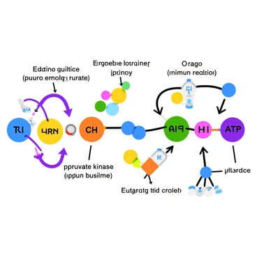 A biochemistry diagram illustrating the role of "pyruvate kinase" in the final steps of "glycolysis." The diagram features a detailed representation of the glycolytic pathway, highlighting the conversion of "phosphoenolpyruvate" to "pyruvate." Arrows indicate the flow of the metabolic process, with "ATP" being generated. Color coding distinguishes different molecules and enzymes involved in the pathway. The enzyme "pyruvate kinase" is prominently labeled, showcasing its function in catalyzing the reaction. Additional annotations provide context for each step in the process.